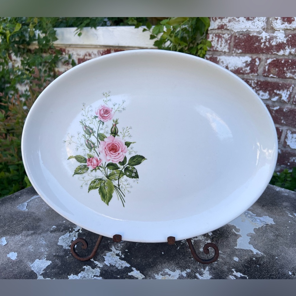 VTG Mid Century Fairbanks Alpine Rose Serving Platter Pink Floral 13.25” Long